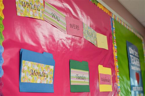 Picture of homework bulletin board with days of the week on it and pink background